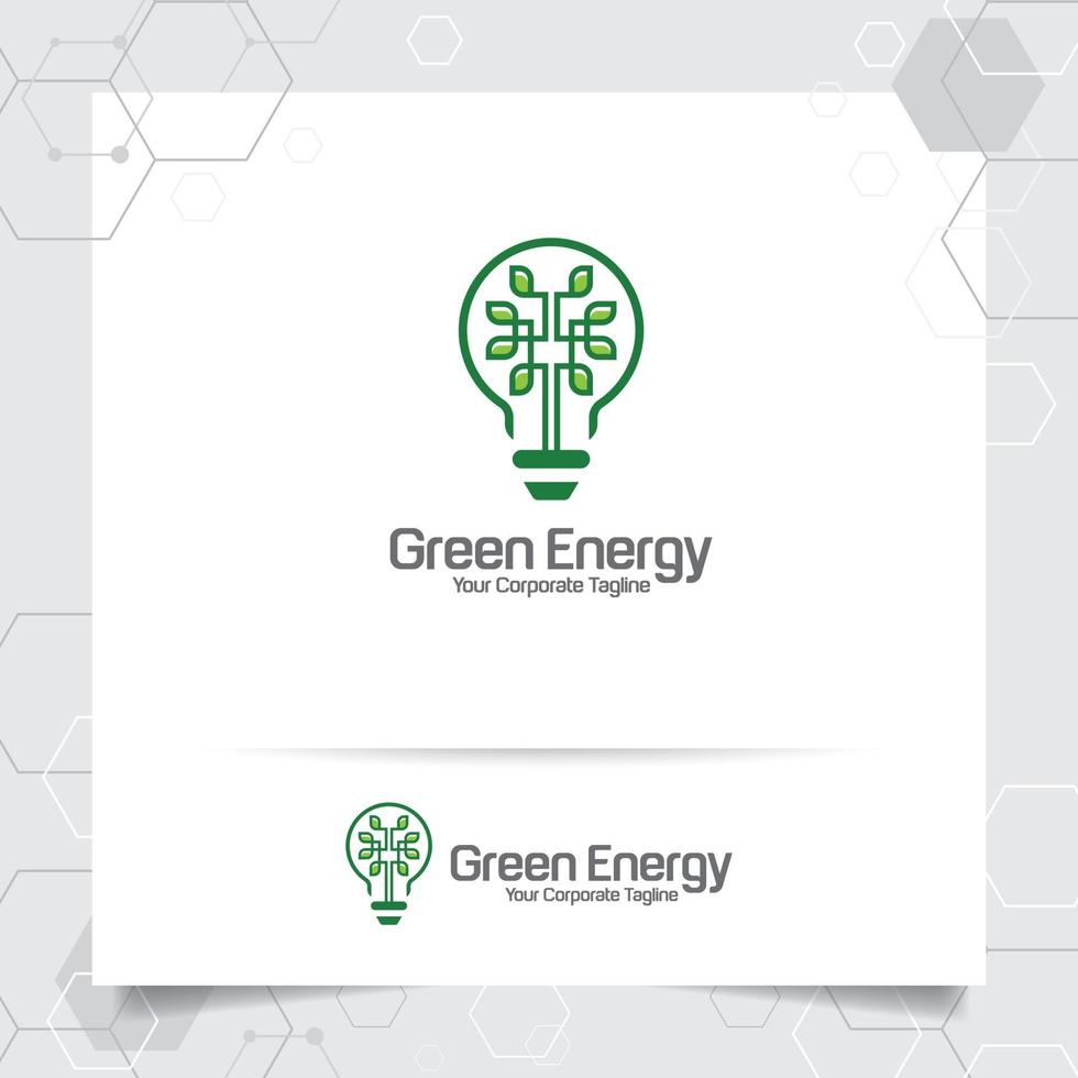 concepto de diseño de bombilla de energía de logotipo verde de vector de hojas e icono de lámpara.