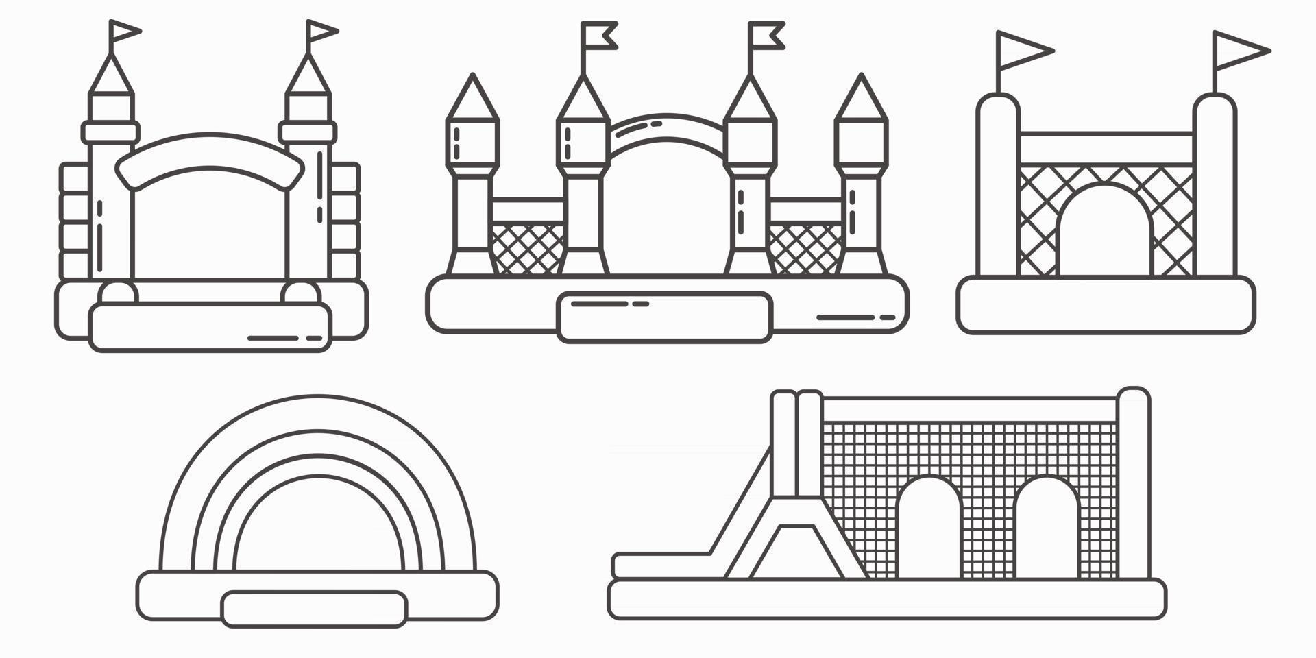 Set of bouncy inflatable castles. Tower and equipment vector