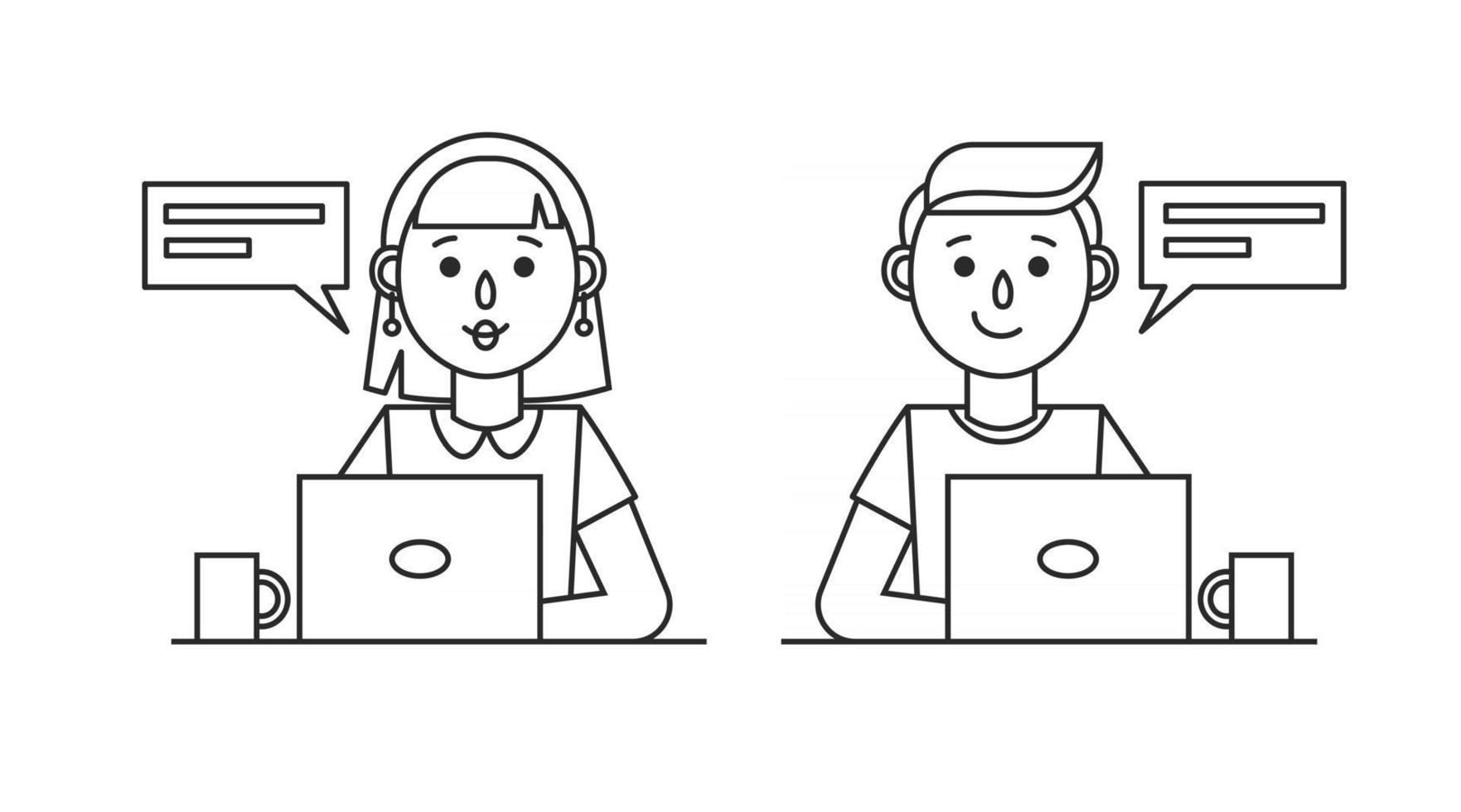 Girl and boy working with a laptop computer. Set of icons vector