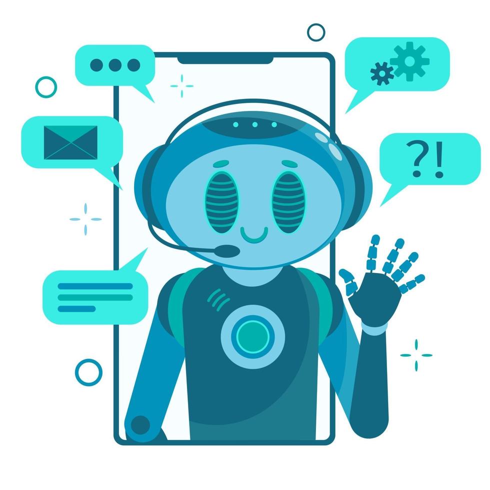 Smiling chat bot character robot helping solve a problems. vector