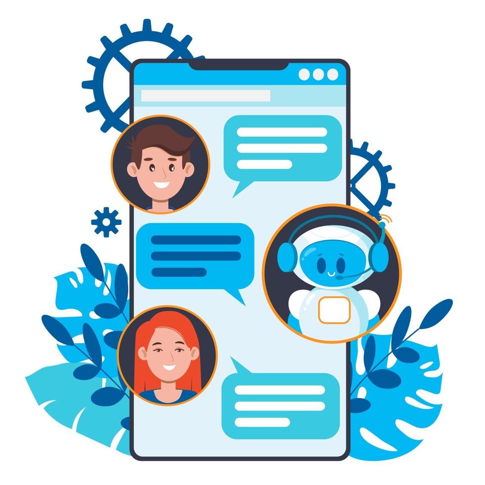 Chatbot concept. Users chatting with cute robot chat bot vector