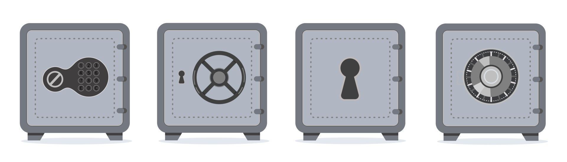 Set of bank safe boxes. Security cash savings and money protection vector