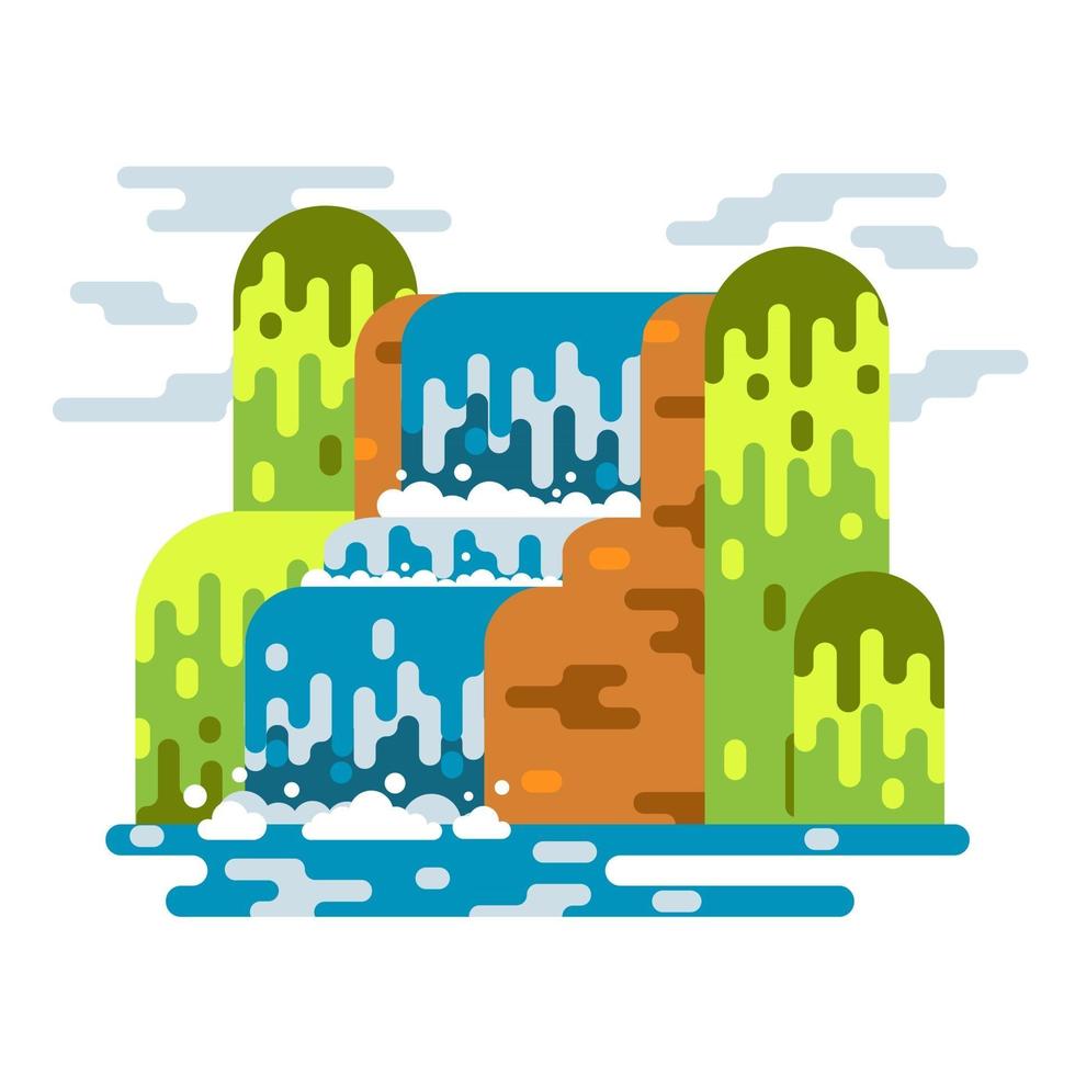 Waterfall landscape. Mountain river with cascade. Vector flat