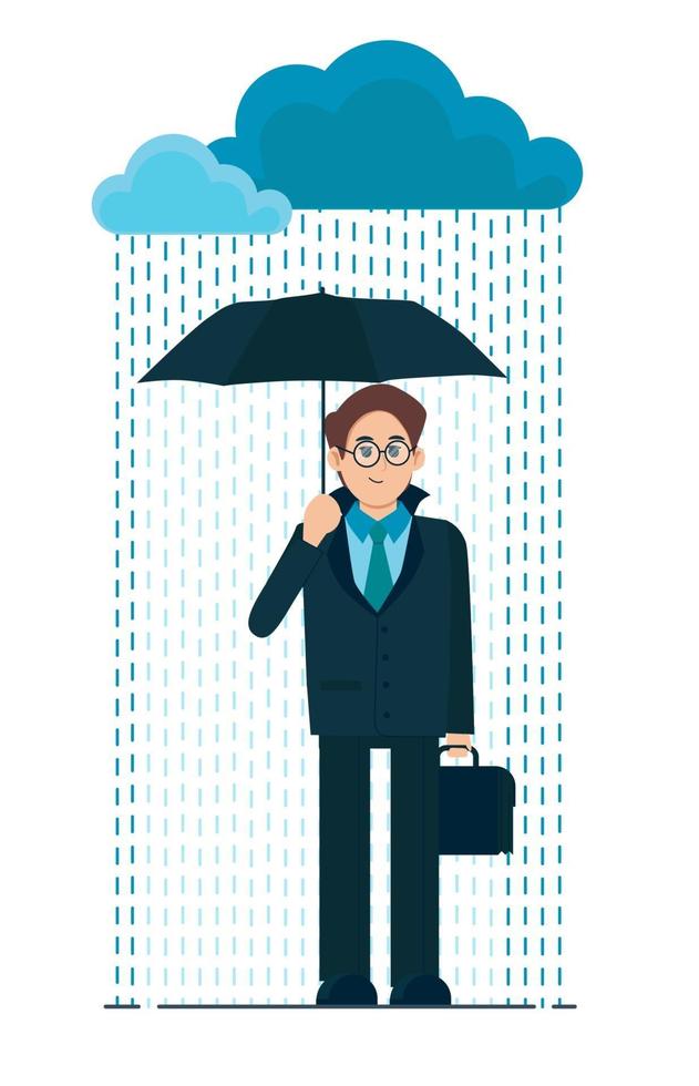 Young man with an umbrella in the rain. Bad rainy weather vector