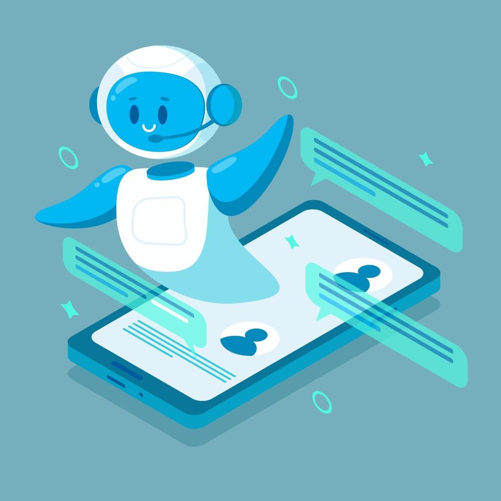 Smiling chat bot character robot helping solve a problems. For website vector