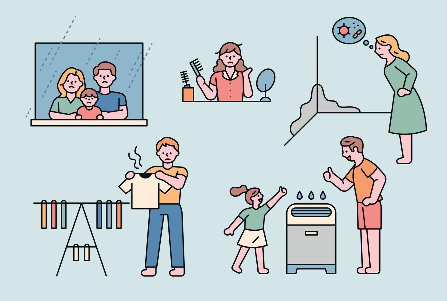 People showing various problems in the house on a rainy day. vector