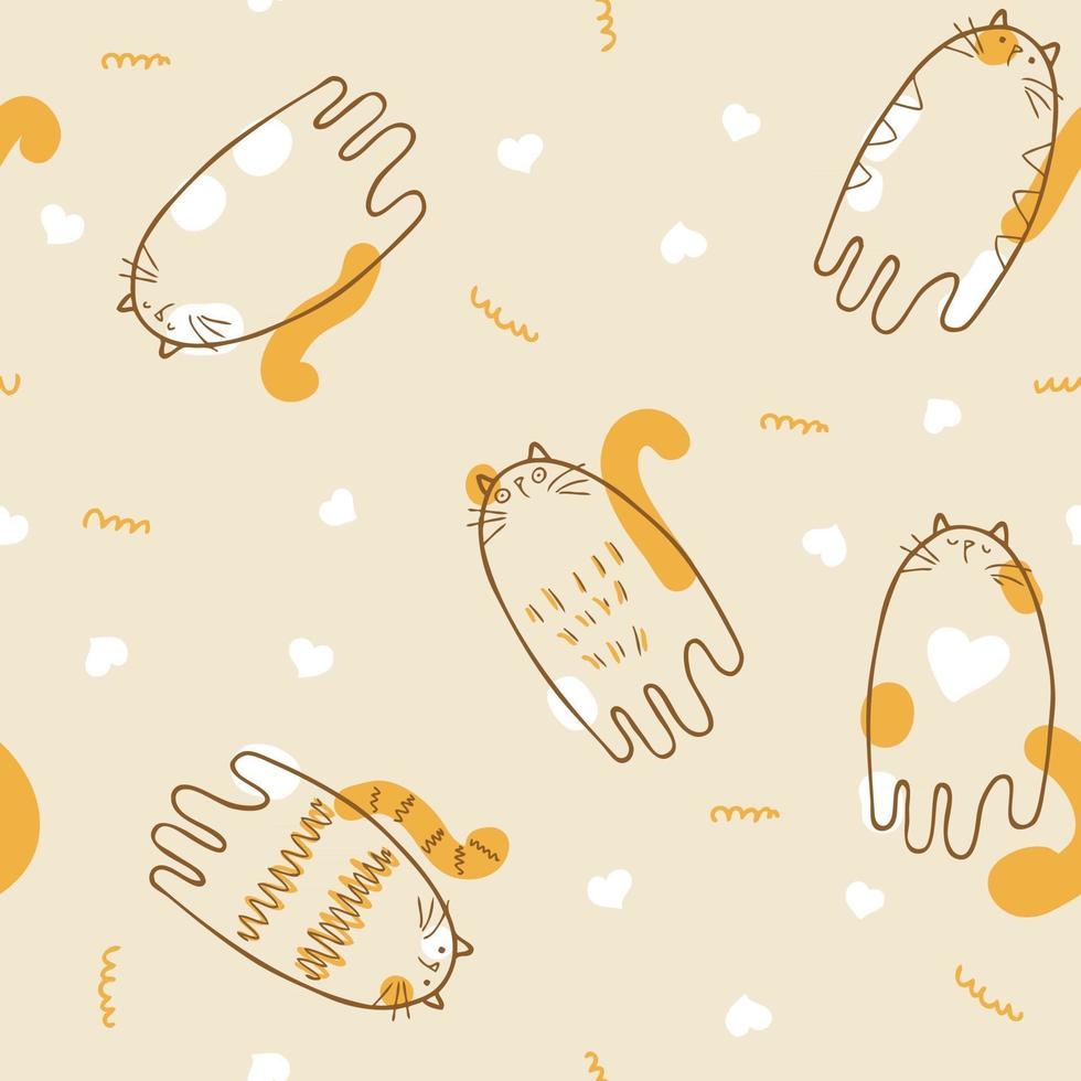 Doodle vector seamless pattern of kittens and white hearts