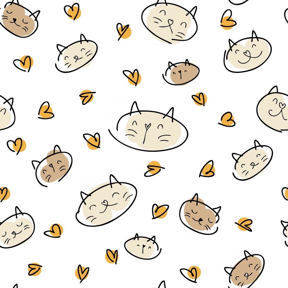 Doodle style vector seamless pattern of cat muzzles and hearts