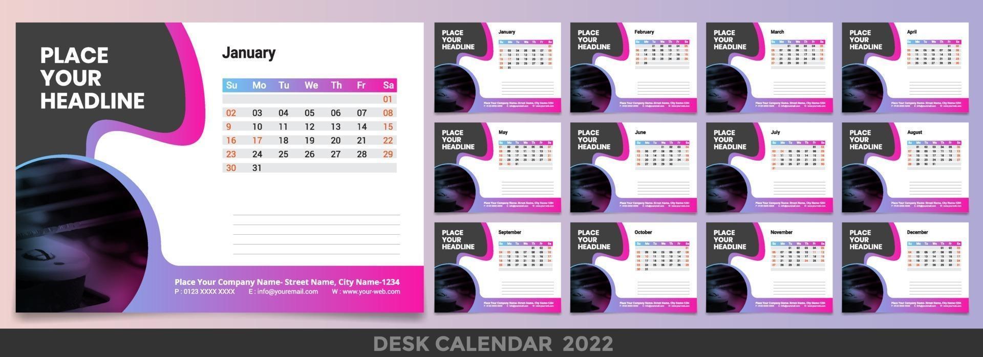 Calendar 2022 week start Sunday corporate design template vector