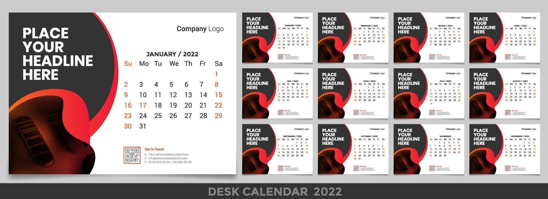 Calendar 2022 week start Sunday corporate design template vector
