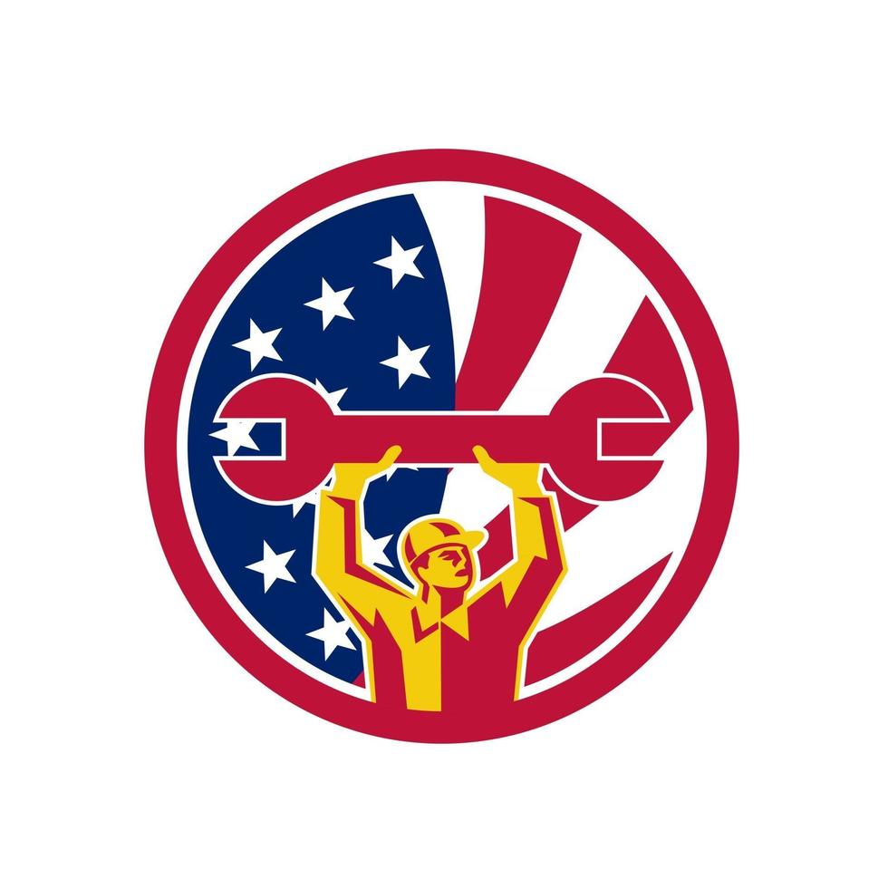 mechanic lifting spanner USA Flag mascot retro vector