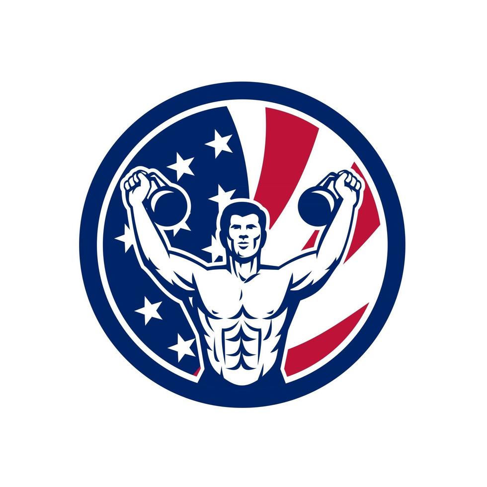 Cuerpo de gimnasio con pesas rusas mascota bandera de EE. UU. retro vector