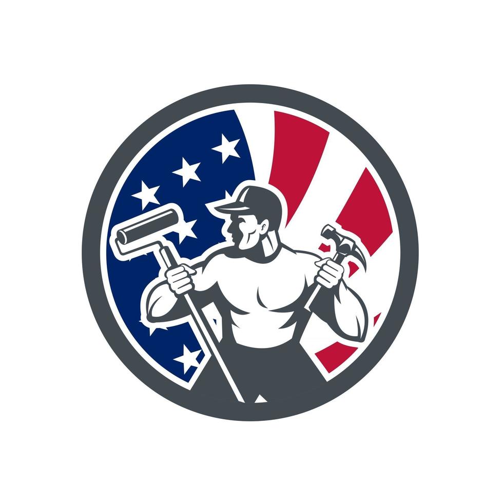 worker handyman with paint roller and hammer USA Flag mascot retro vector