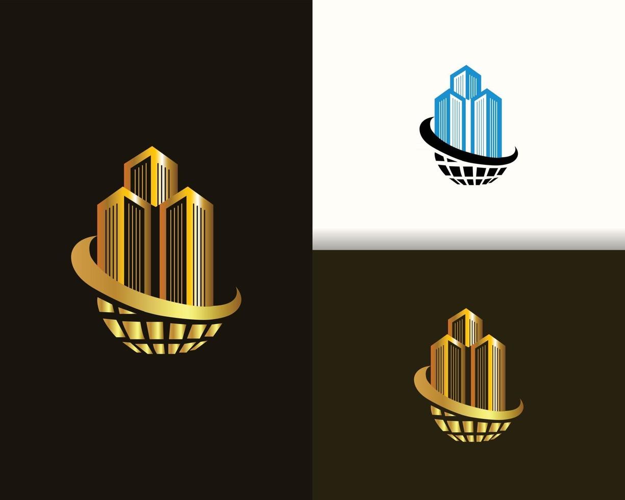 moderno logotipo dorado de bienes raíces y construcción de lujo en estilo de línea vector