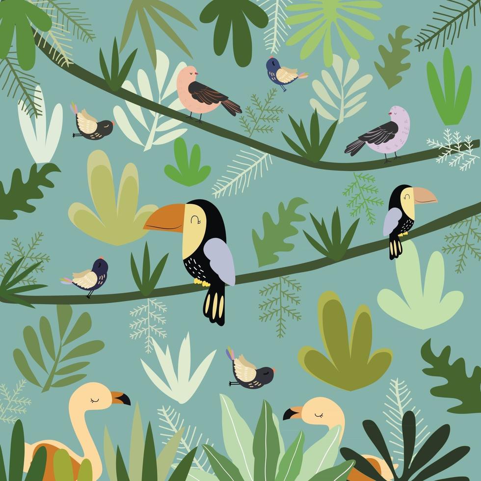 cute bird in botanical tropical forest pattern. vector