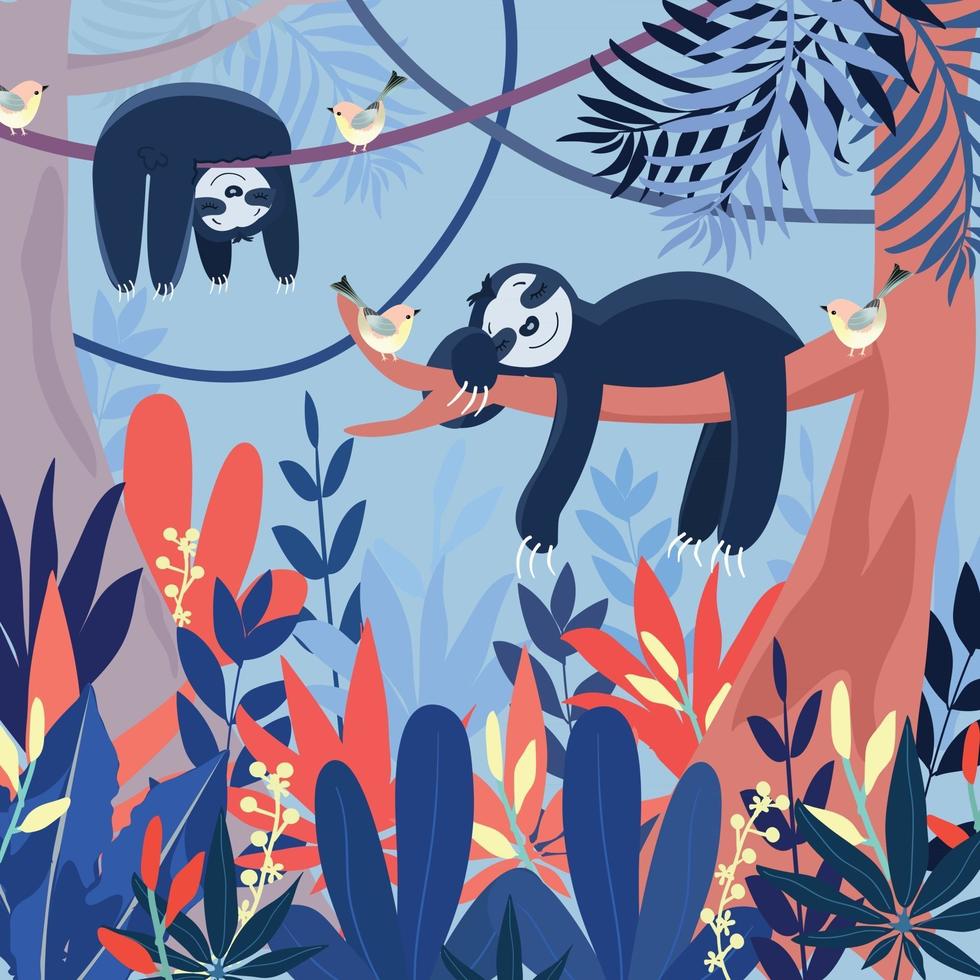 Cute blue sloth sleeping in big forest cartoon. vector