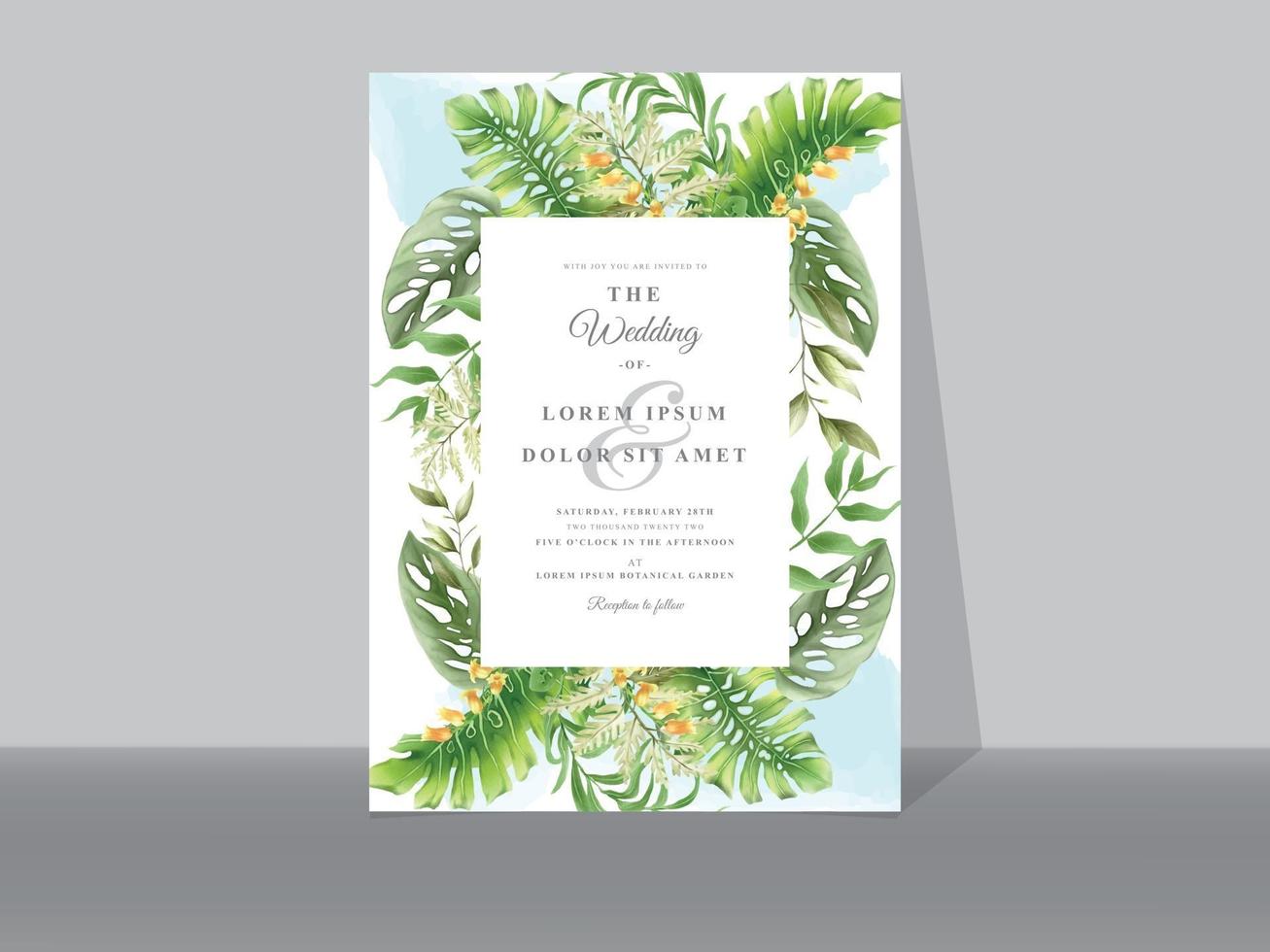 Wedding invitation cards with greenery tropical leaves vector