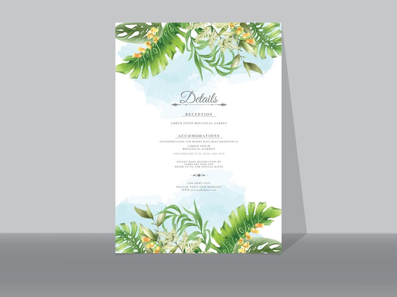 Wedding invitation cards with greenery tropical leaves vector
