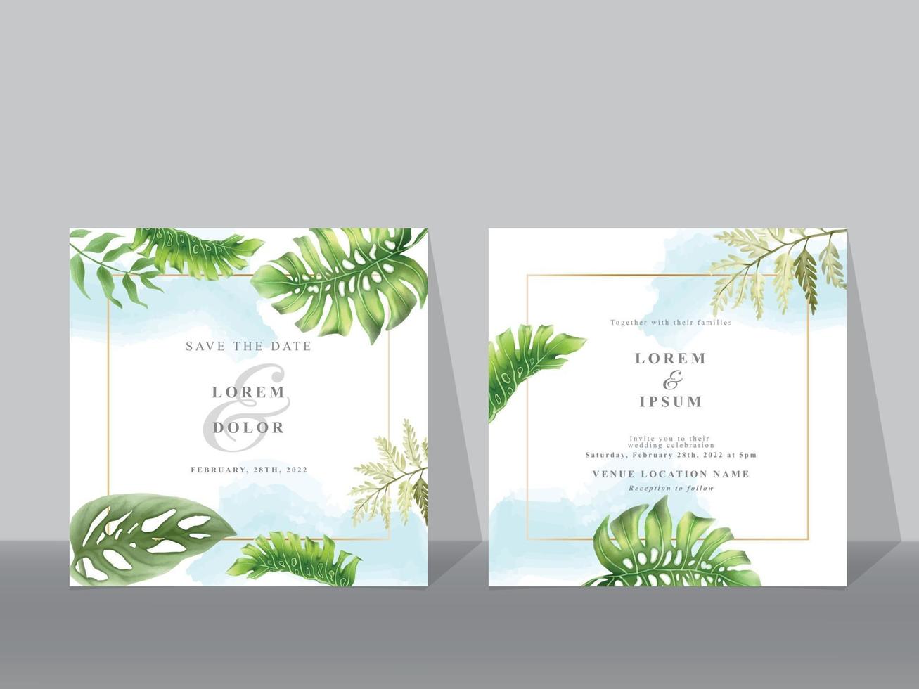 Wedding invitation cards with greenery tropical leaves vector