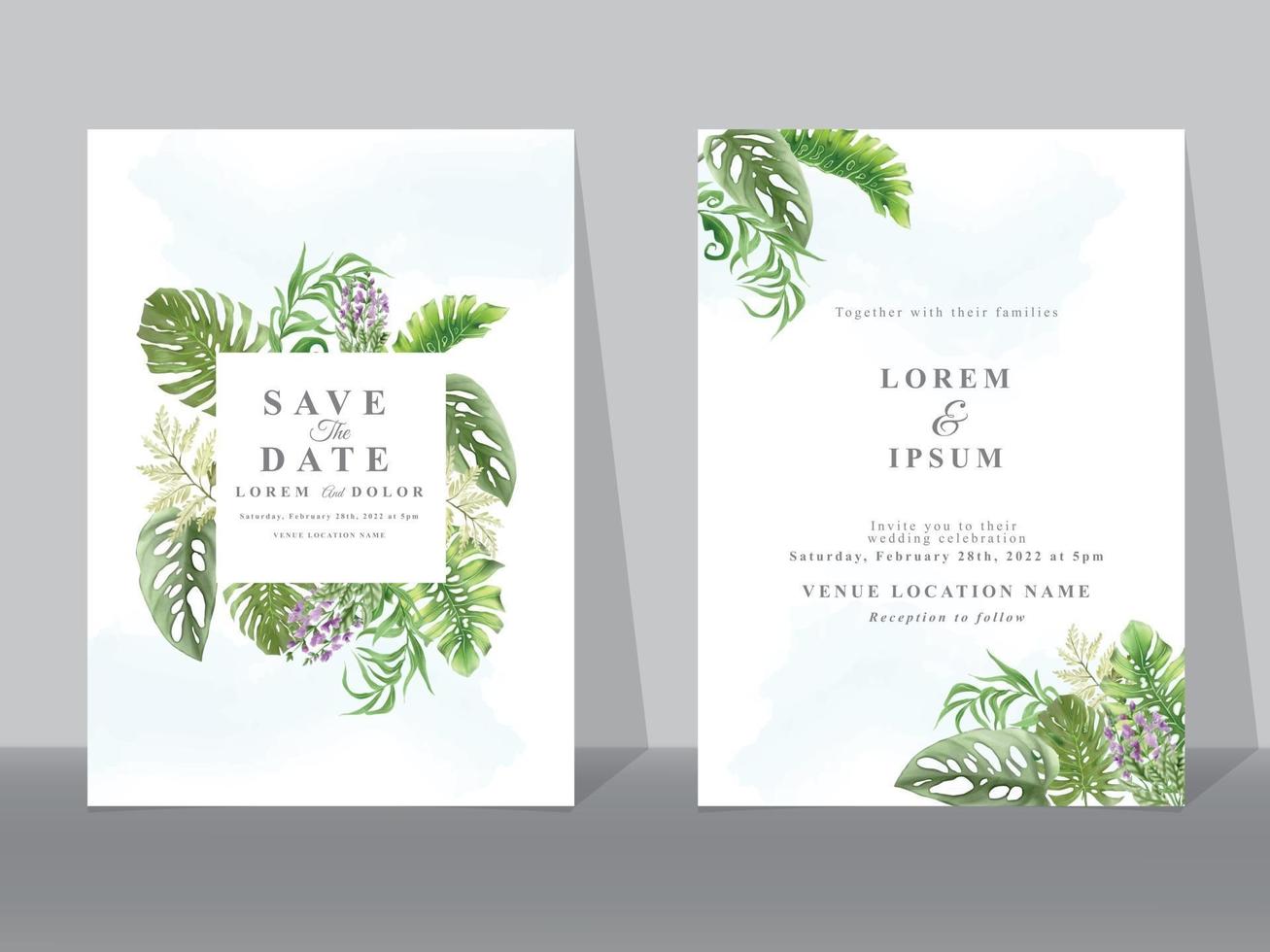 Wedding invitation cards with greenery tropical leaves vector