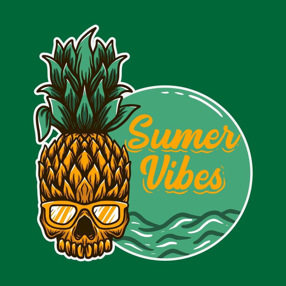 summer vibes lettering with pineapple vector