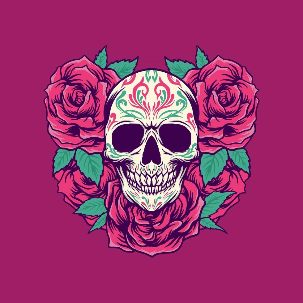 calavera de azúcar con rosas ilustración vector