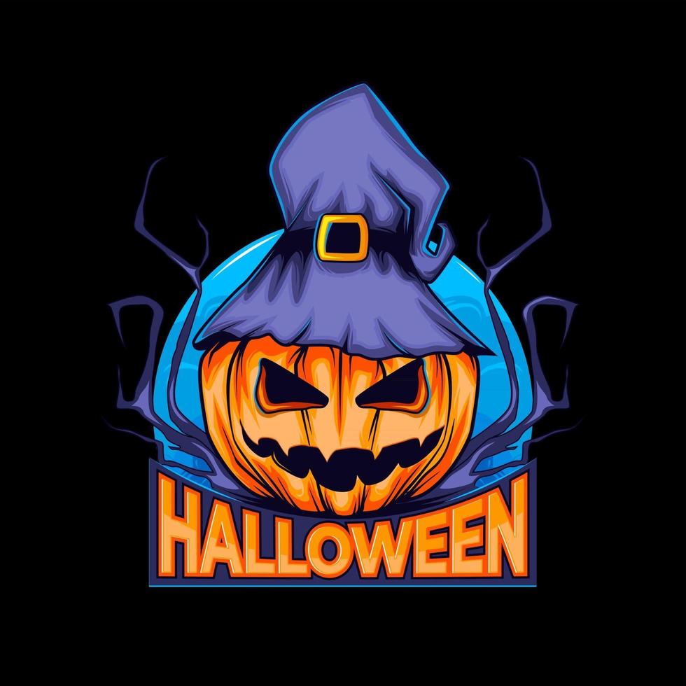 Logotipo de calabaza de halloween con sombrero de bruja y luna nocturna en estilo de dibujos animados. vector