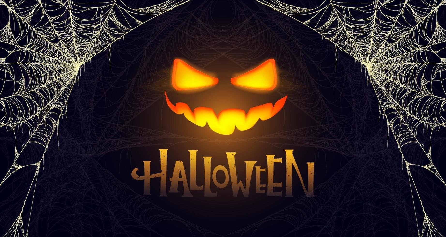 Halloween banner with glowing pumpkin. Cobweb vector