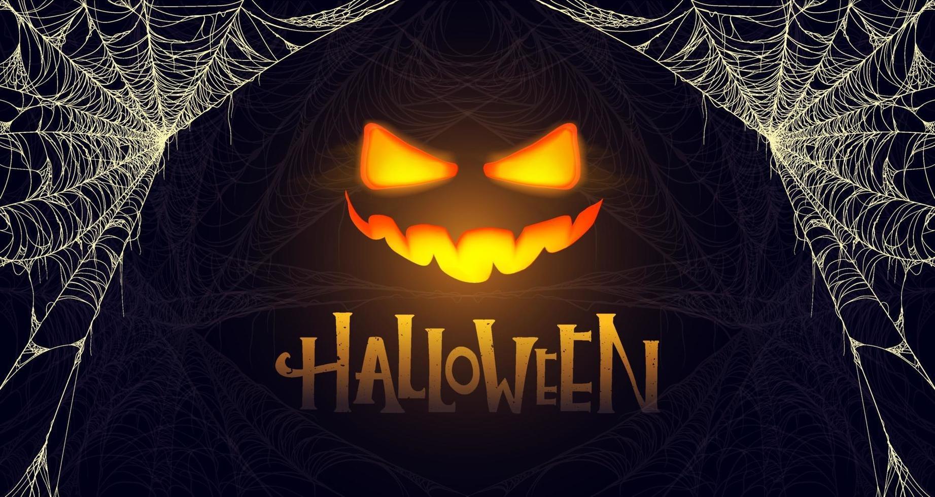 Halloween banner with glowing pumpkin. Cobweb vector