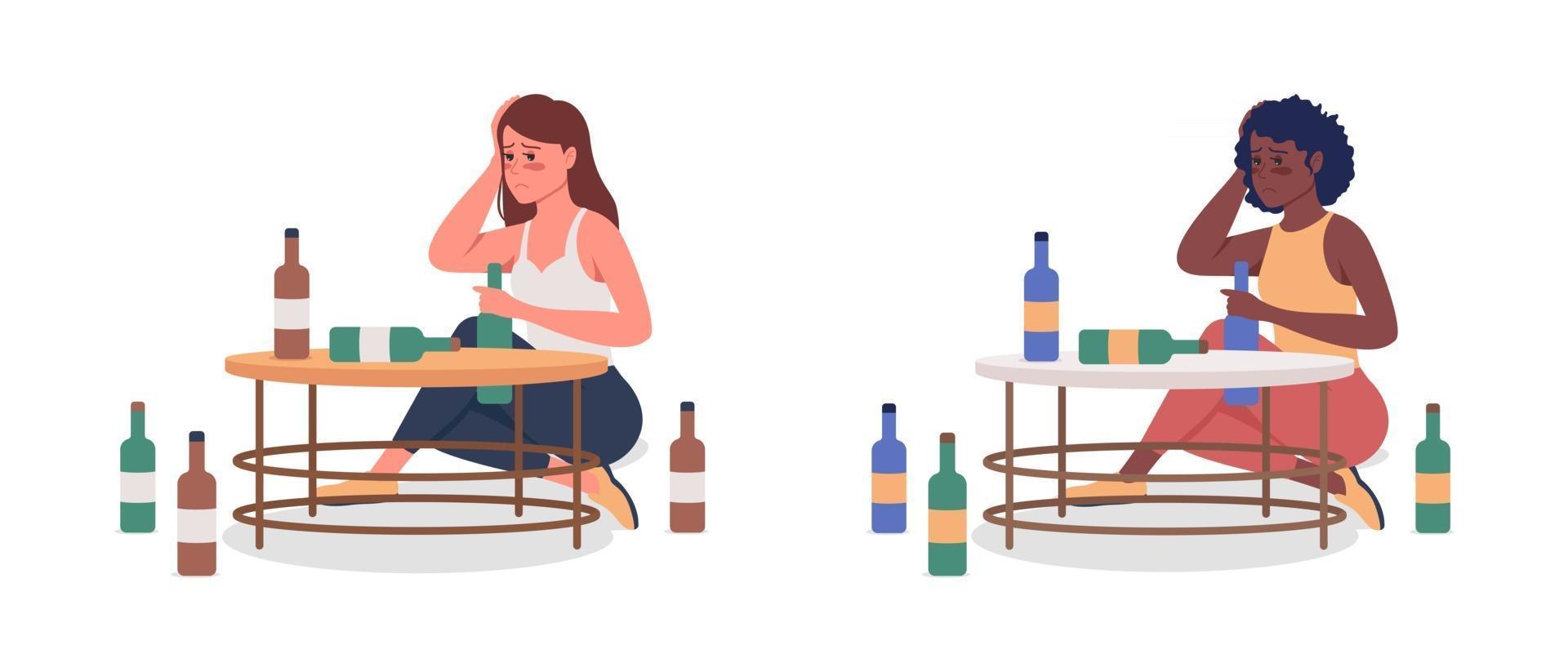 Woman with alcoholism semi flat color vector character set