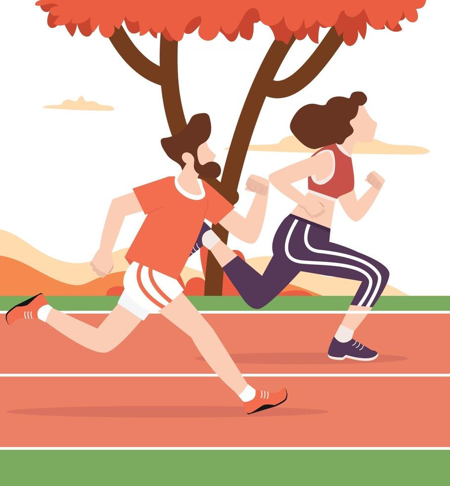 Young man and woman attractive running in racetrack vector