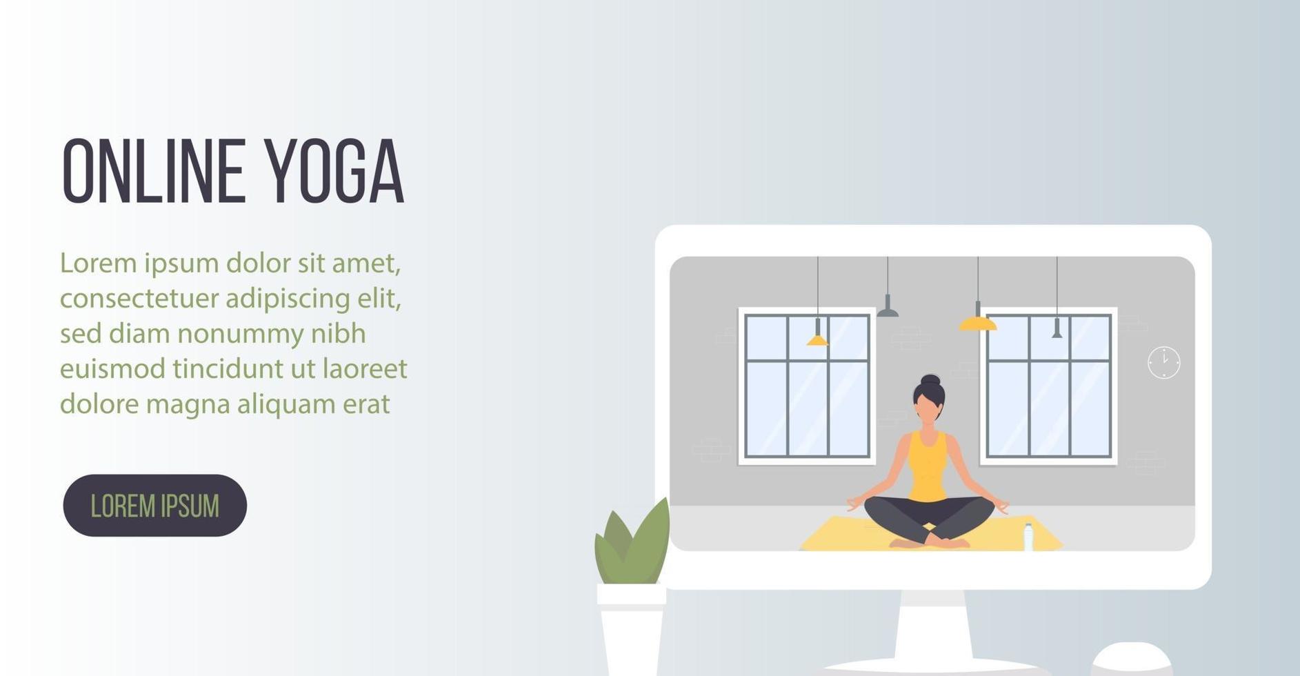 Young woman practicing yoga at home online. Vector illustration