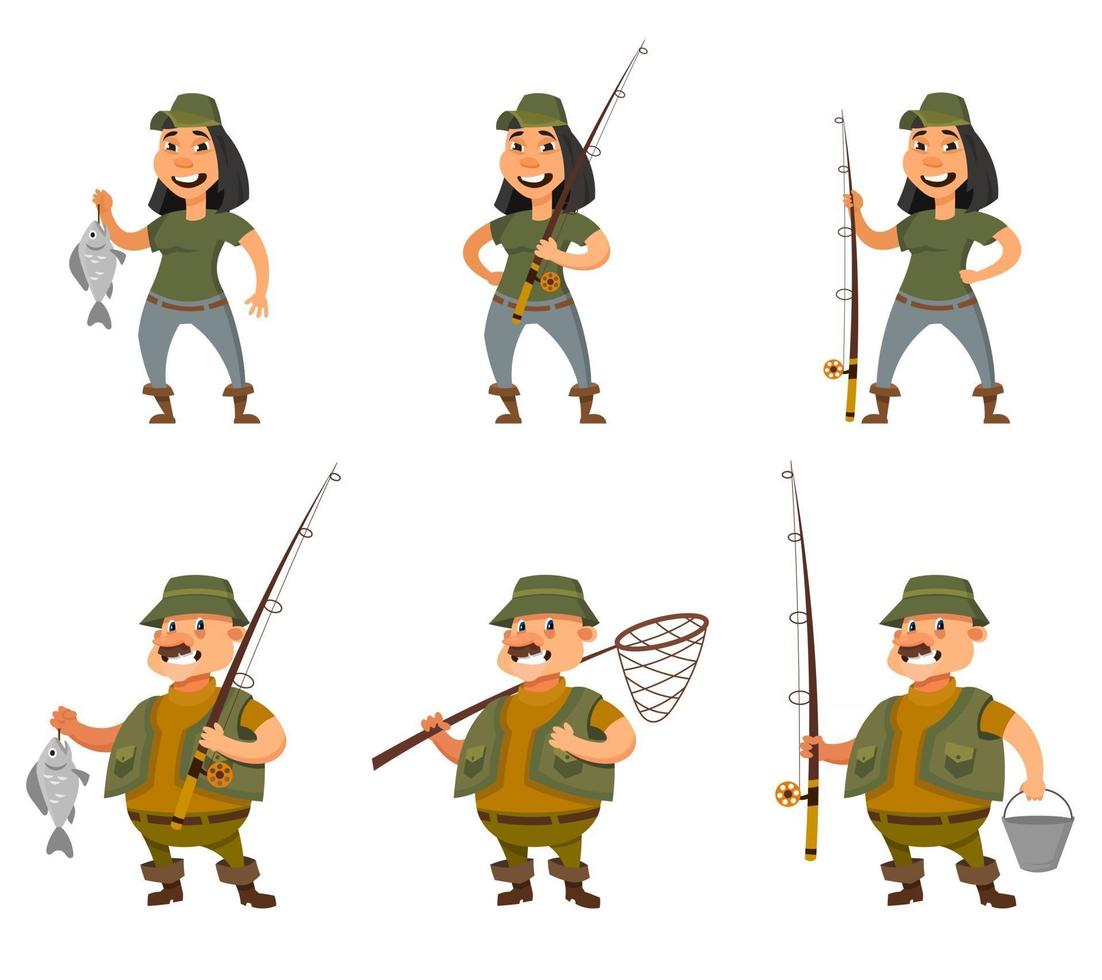 Fisherman and female angler in different poses. vector
