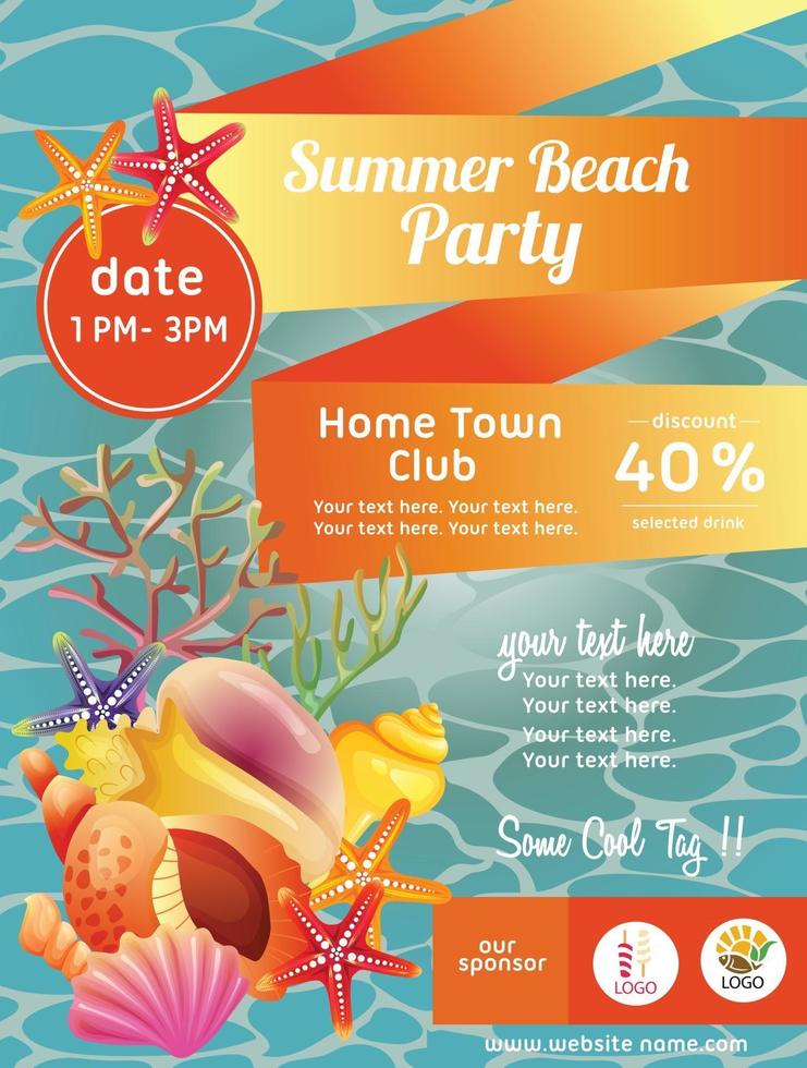 colorful summer beach party poster with sea shell vector