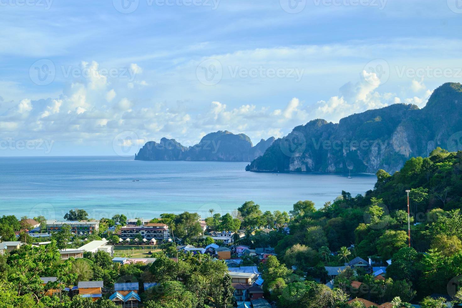 Panoramic view from high angle viewpoint on Phi Phi Island. photo