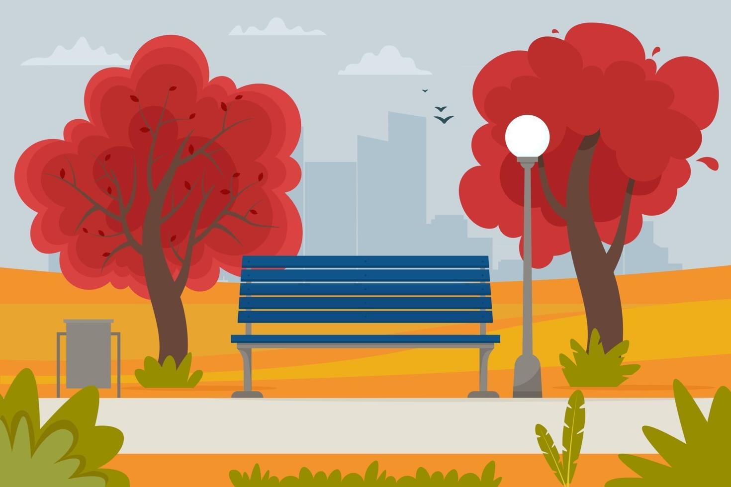 Autumn landscape with bench in the park and trees. Vector illustration ...