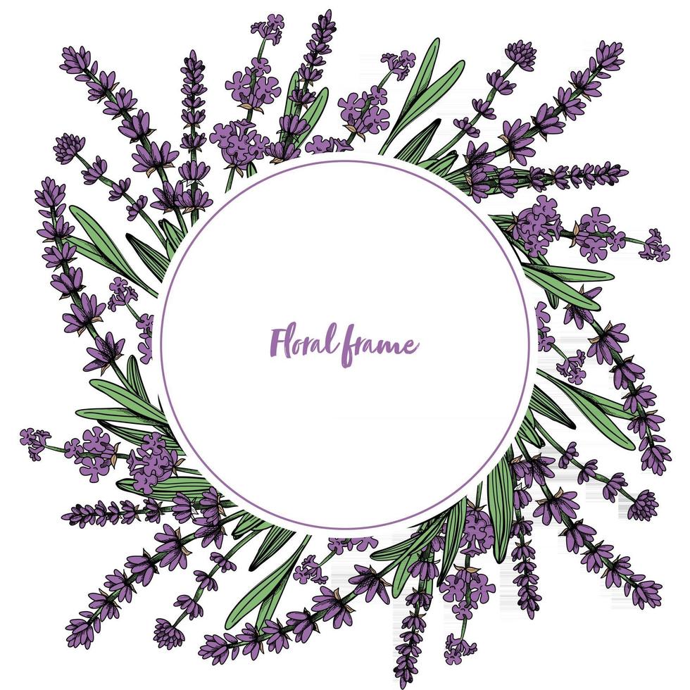 Round floral frame with lavender flowers. Vector illustration