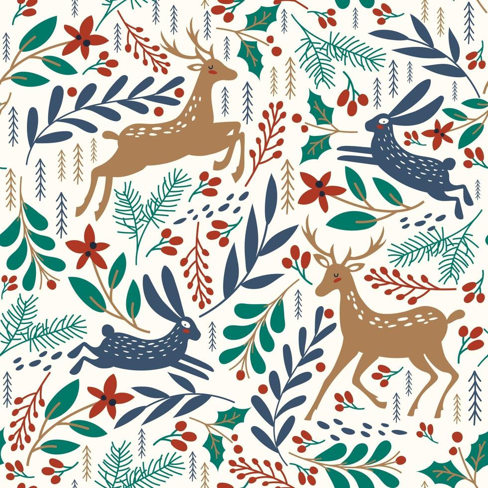 Seamless pattern with deer and rabbit. Winter background. Vector