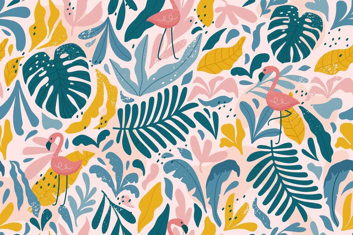 Tropical seamless pattern with flamingos, exotic leaves. Vector