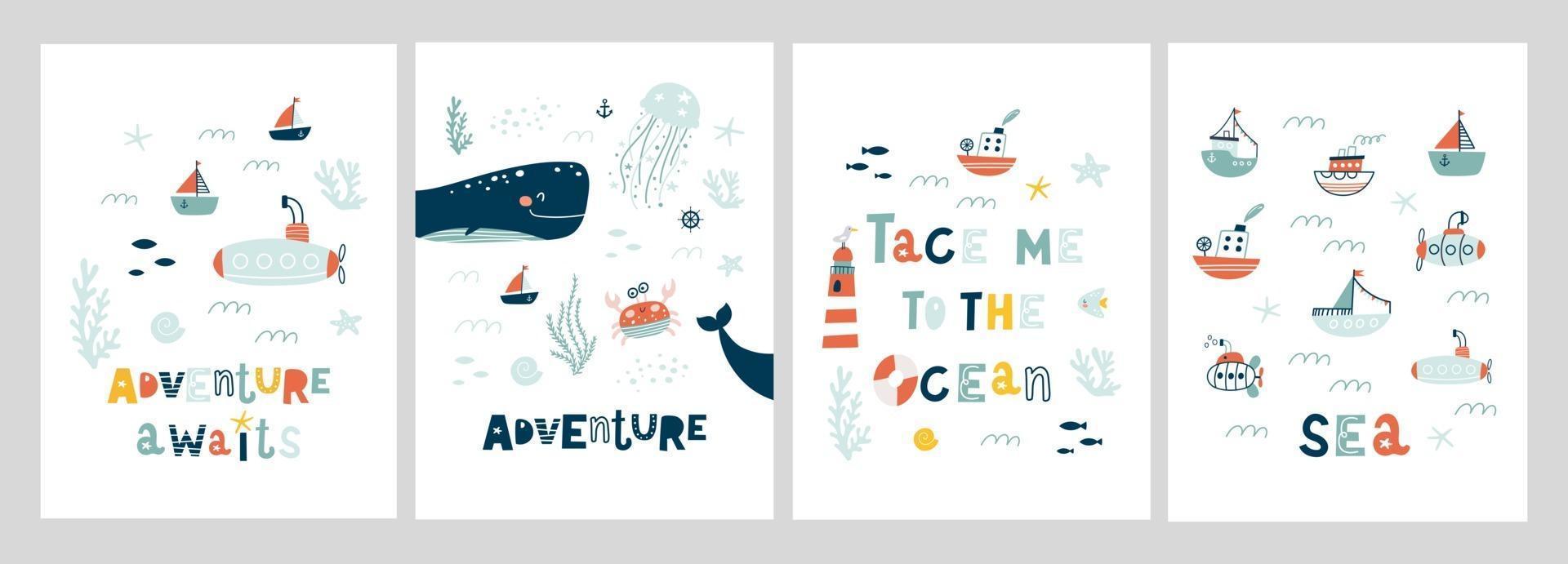 Conjunto de carteles de animales marinos. habitantes del mundo submarino. vector