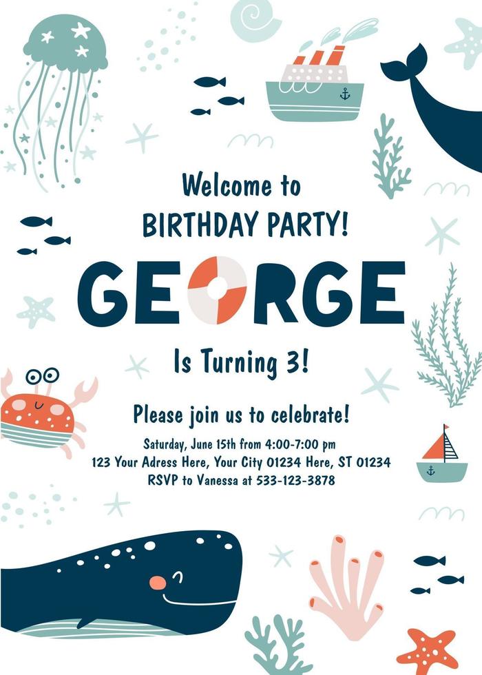 Ocean birthday party invitation. Under The Sea Invitation. Vector