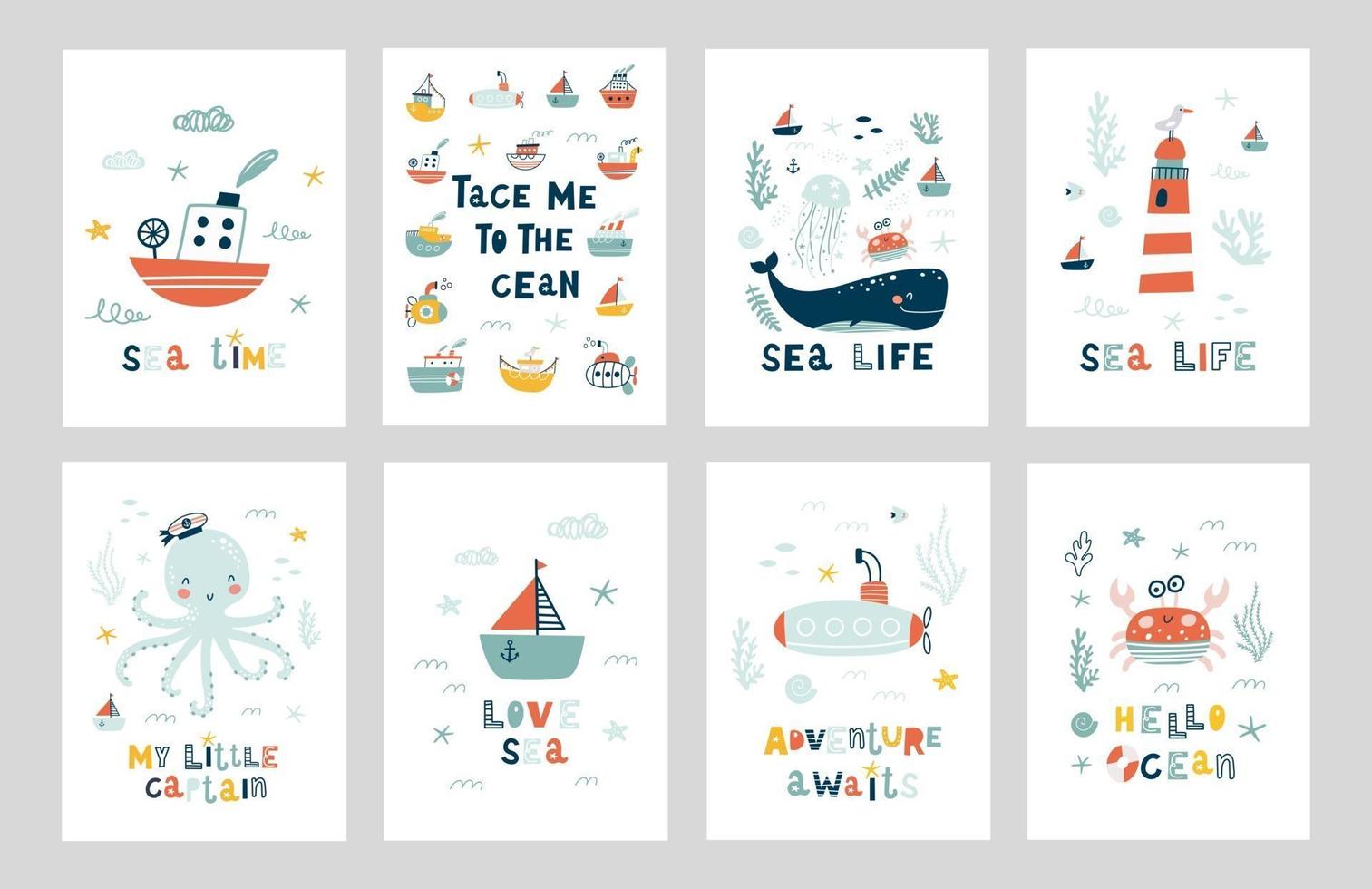 Conjunto de carteles de animales marinos. vector