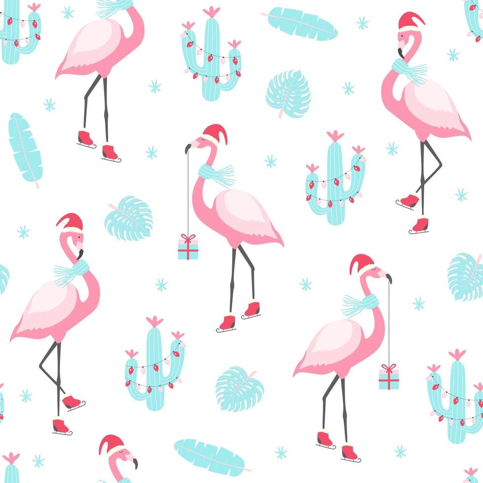 Christmas pattern with cute flamingo on skates. Vector