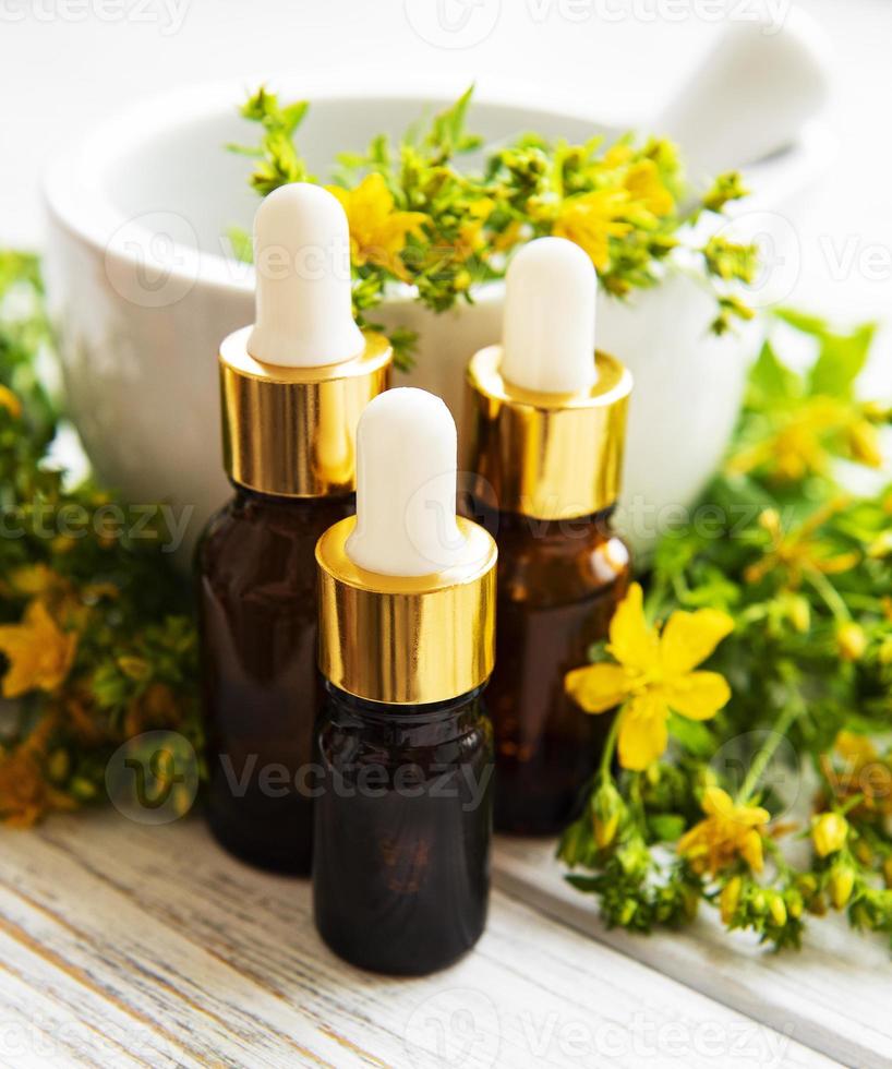 St johns wort oils, and  fresh herbs in a mortar photo