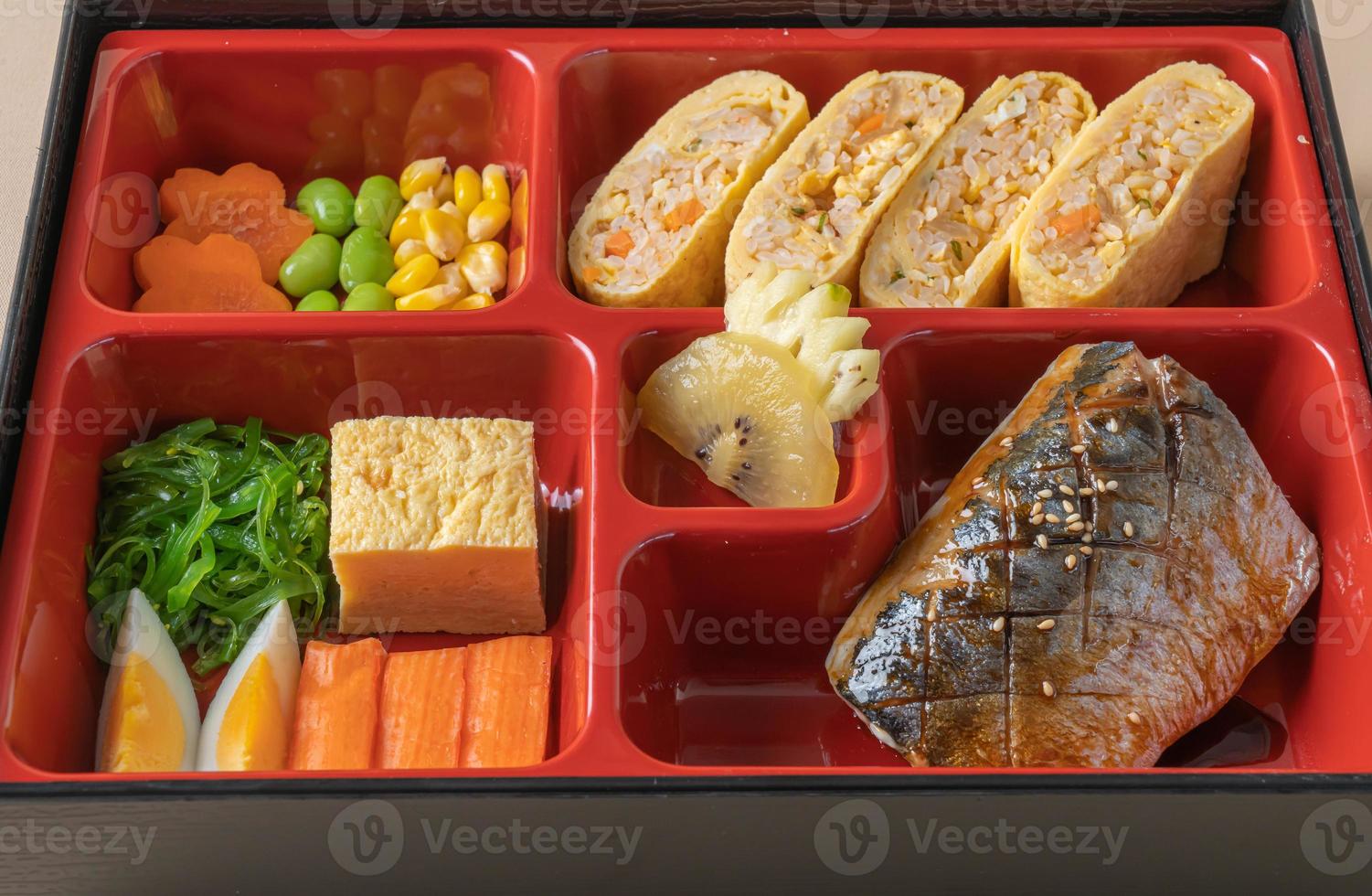 Grilled mackerel saba fish with appetizer in bento set - Japanese food style photo