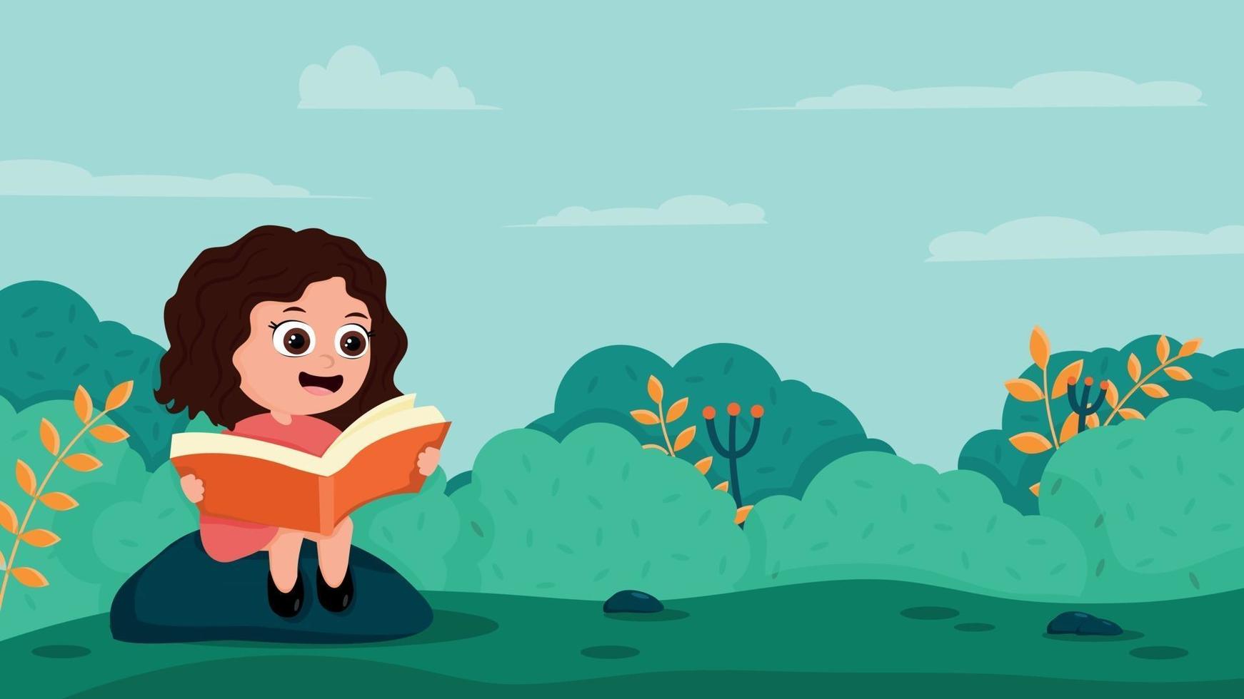 niña de dibujos animados leyendo un libro al aire libre vector
