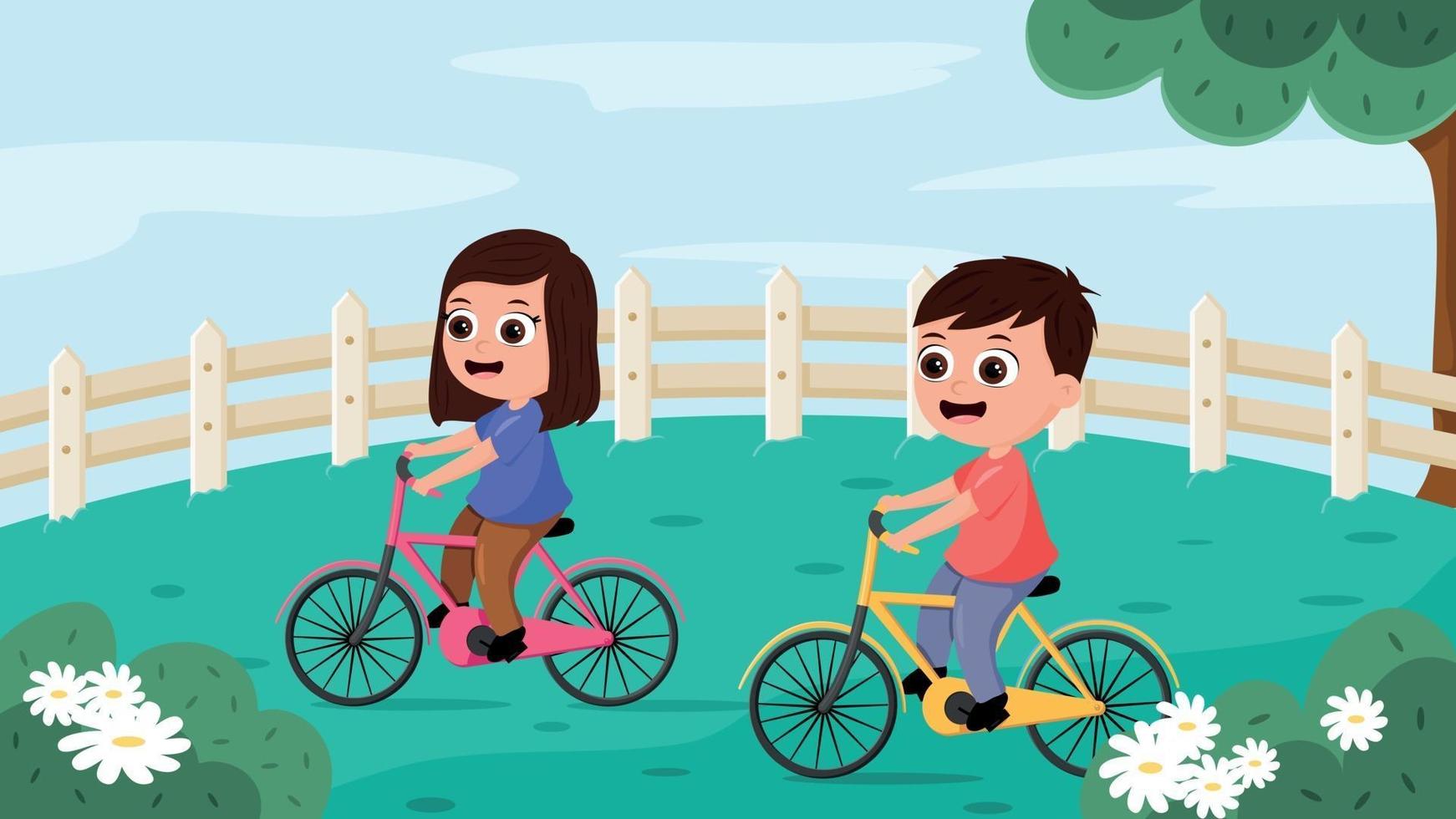 Two child riding bicycle in a park vector