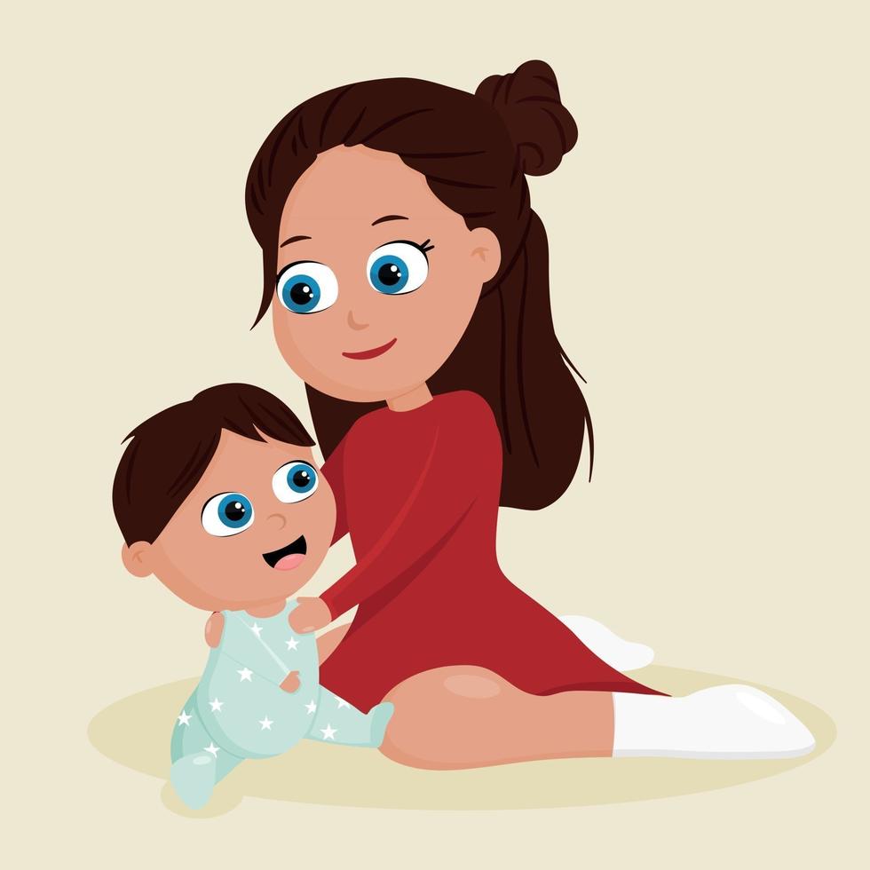 Cute cartoon illustration of a mother and baby. vector