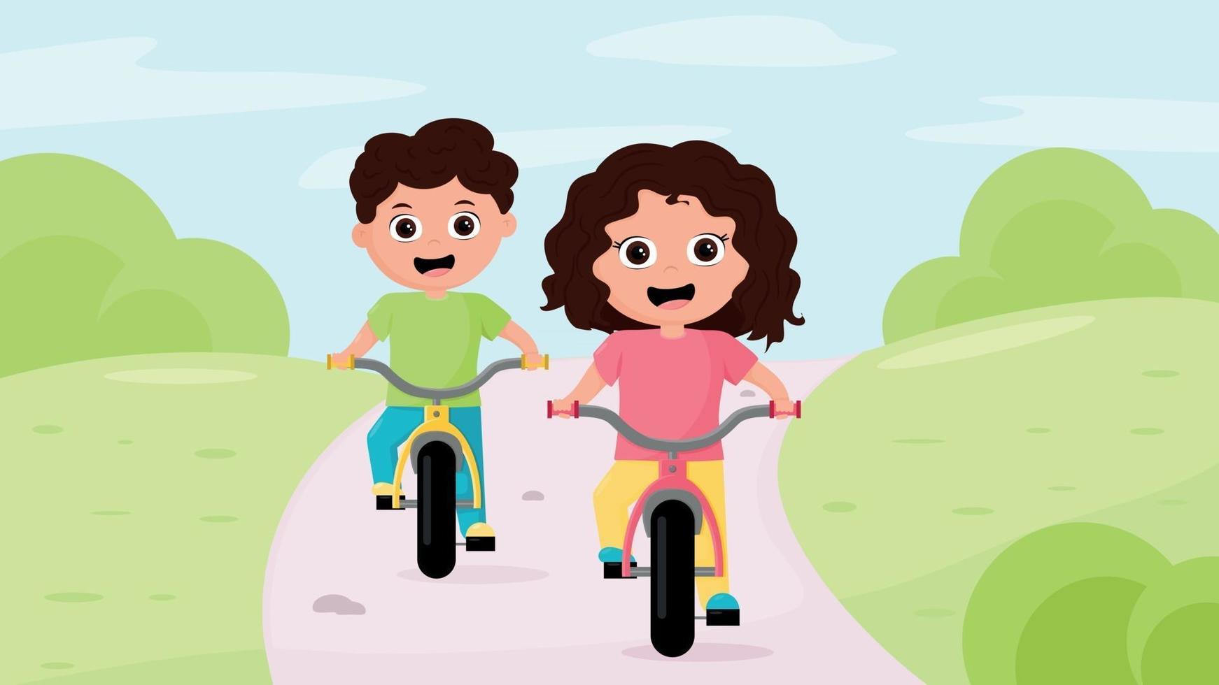 Two child, boy and girl,  riding a bicycle vector