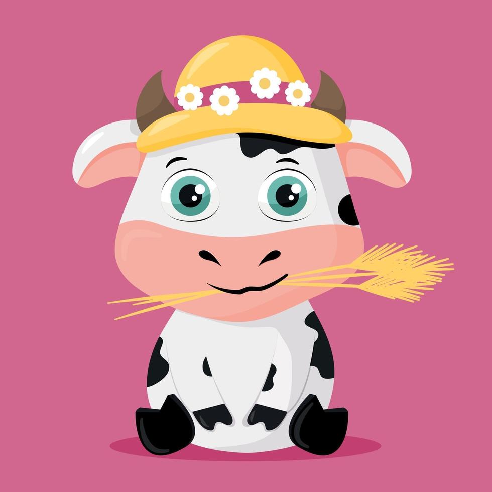 Linda ilustración de una vaca con su sombrero de paja listo para la primavera vector